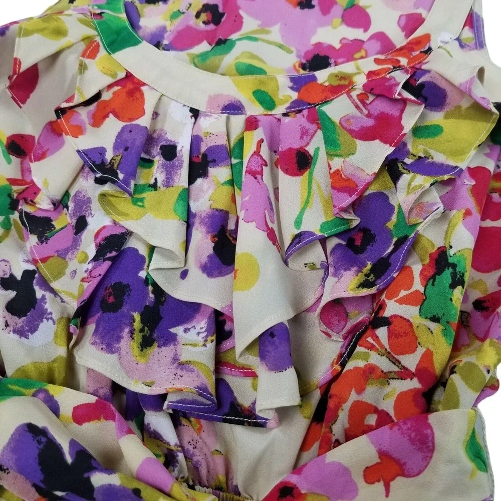 Express Dress Floral Knee Length Belted Sundress Womens Sz M  Ruffle Bib Pockets - Picture 7 of 16